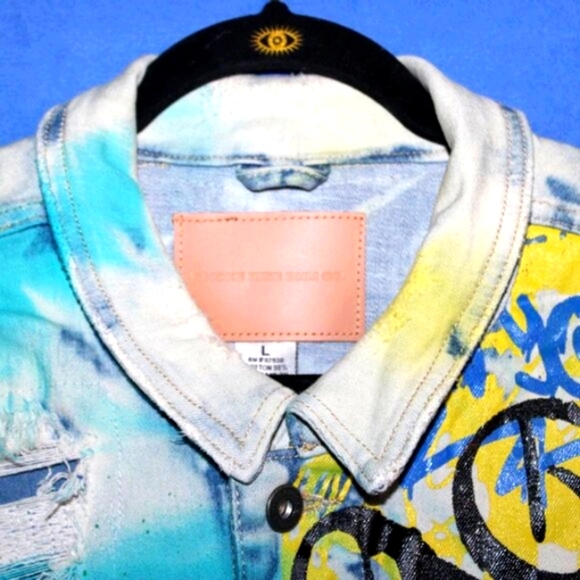Smoke Rise Graffiti Paint Splatter Denim Jacket L - Picture 5 of 14